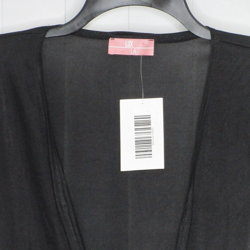 Nuevo con etiquetas Vestido para mujer Lux LA negro transparente manga gorra cuello en V profundo alto bajo envolvente L B63 Foto 2 de 4