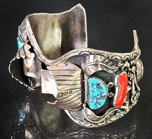 Navajo Sterlingsilber Türkis & Koralle Uhr Manschette Armband mit Fledermaus Signatur