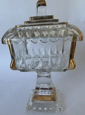 Vintage Jeannette Glass Clear Wedding Cake Candy Dish w/Lid Gold Trim