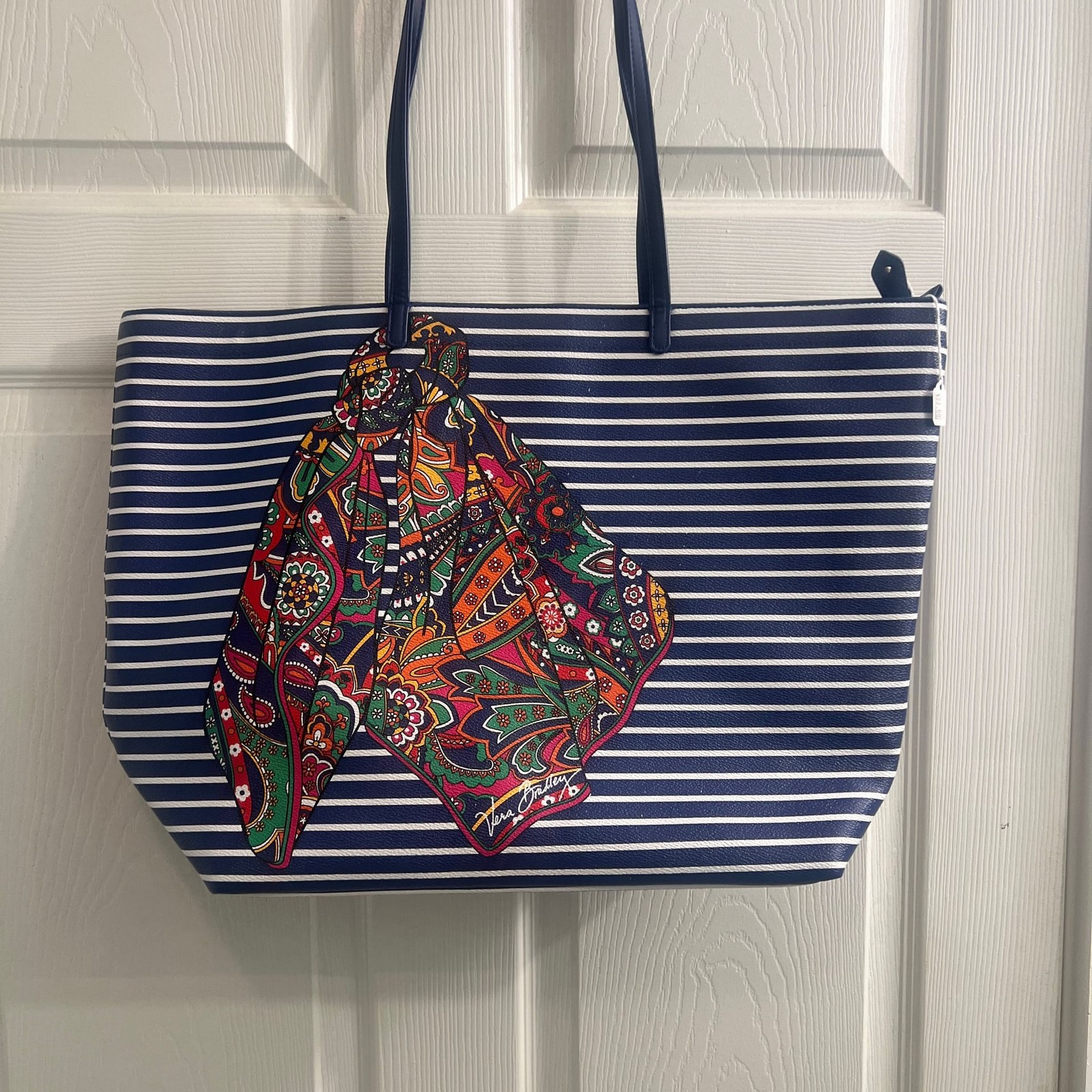 Vera Bradley Blue Striped Faux Leather XL Tote Satchel Shoulder Bag Beach Work