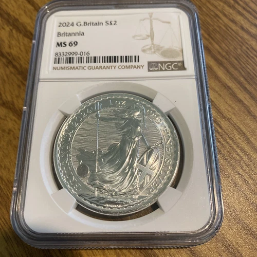 2024 NGC MS 69 Great Britain 1oz .999 Silver 2 Pounds Britannia King Charles