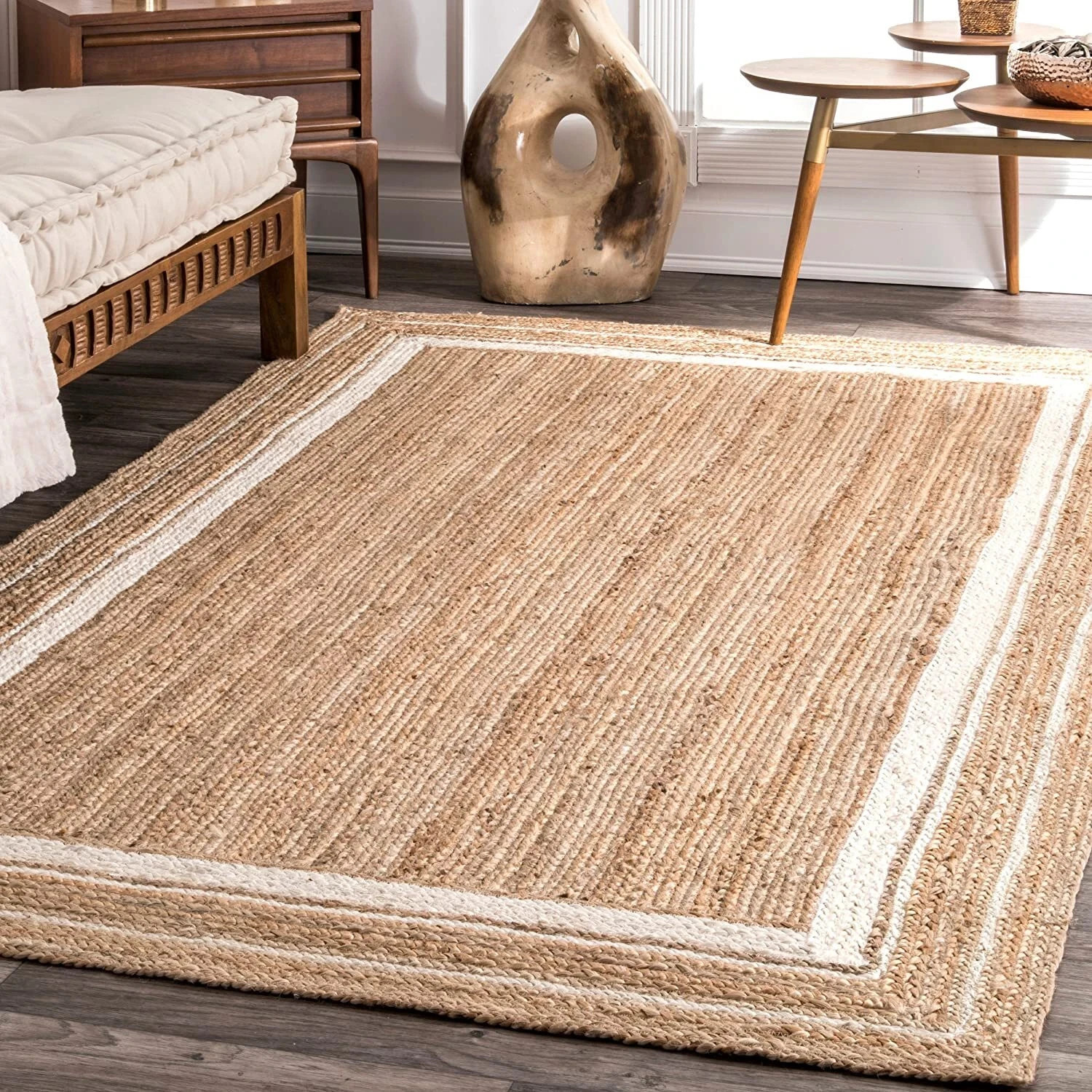 Beige & White Rug Rectangle 100% Natural Jute Handmade Rustic Look Area Rug