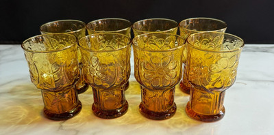 Libby Country Garden Daisy Amber Glass Tumblers Set of 8 Vintage
