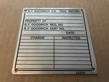 Vintage B.F. GOODRICH Tire Co Aluminum Metal Sign Tag TOOL RECORD Akron OH #24