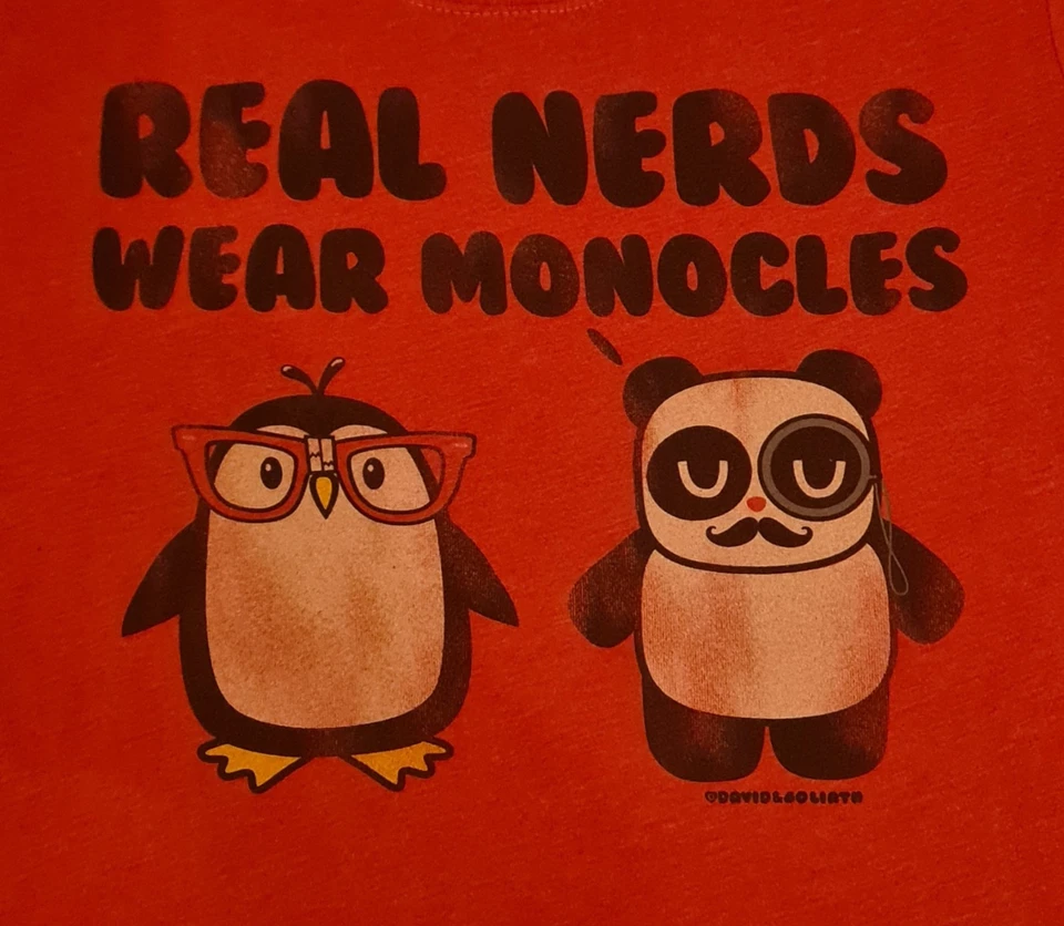 DAVID & GOLIATH LUXURY TEE REAL NERDS WEAR MONOCLES Red/Pink T-Shirt Size Medium - Image 2 of 4