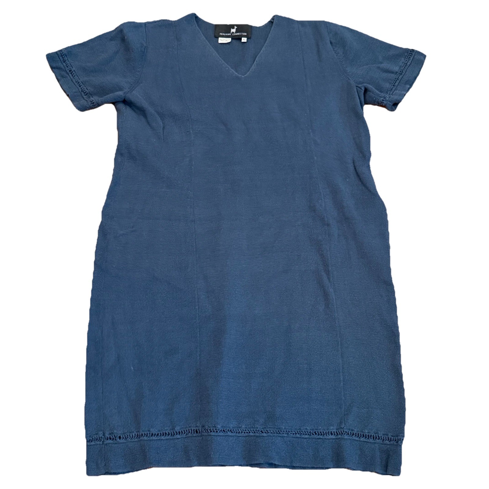Peruvian Connection Dress Size XL Pima Cotton Blue Tunic Short Sleeve Sweater