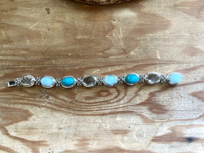 Michael Dawkins Sterlingsilber Gliederarmband Beryll Steinquarz und Türkis 7''