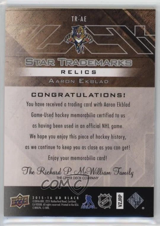 2015-16 UD Black Star Trademarks Relics Aaron Ekblad #TR-AE - Image 2 of 2