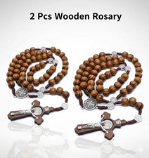 2 Pcs Handmade Wooden Cross Rosary Necklace  Religious Prayer Beads Wooden Beads