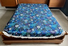 Vintage 60s / 70s Blue Flower Power Floral Fringe Throw Double Bedspread Blanket