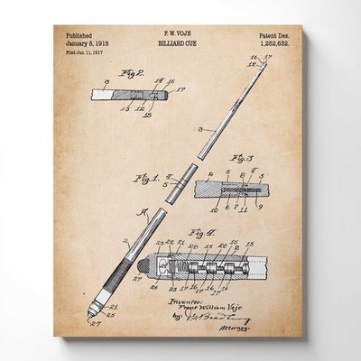 Billiards Gifts, Pool Table Gifts, Billiard Cue Patent Canvas Print