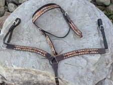 Bar H Leather Tooled Feather Tack Set Buckstitching. Headstall and Breast Collar