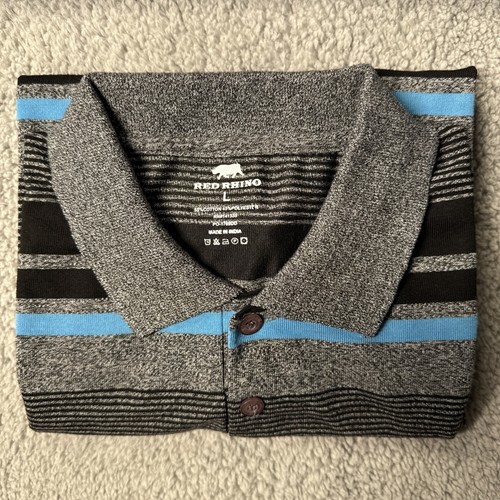 Short Sleeve Shirt Mens Large Gray Black Blue Striped Casual Preppy Cotton Polo - Picture 6 of 6