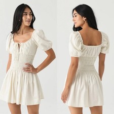 NWT Faithfull the Brand Aya Smocked Waist Milkmaid Dress Cream Pinstriped 6 / M