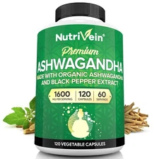 Nutrivein Organic Ashwagandha Capsules 1600mg - 120 Vegan Pills - Stress Support