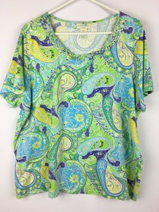 Caribbean-Joe-Womens-Size-3x-Blue-Lime-Purple-Paisley-Print-Stretch-Knit-Top