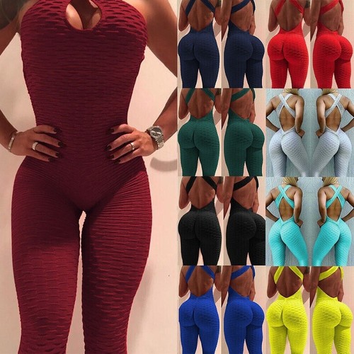 Womens Sports Yoga Jumpsuit Gym Rompers Fitness Butt Lifter Leggings Gym Workout - Picture 1 of 31