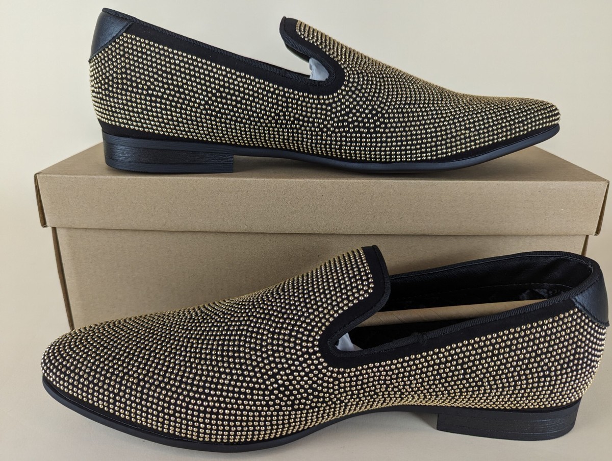 Steve Madden Mezmoryz Loafers Mens Black Gold Studded Slip On Shoes NWB
