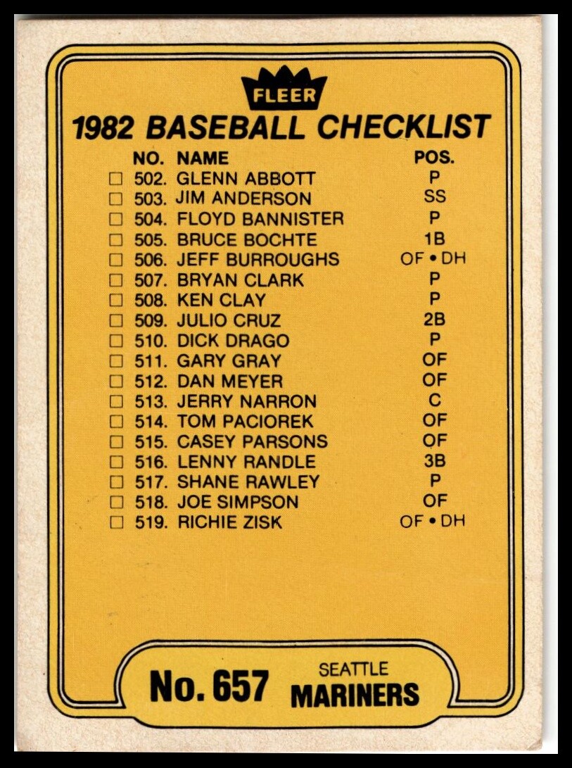 1982 Fleer #657 Checklist: Mariners / Mets