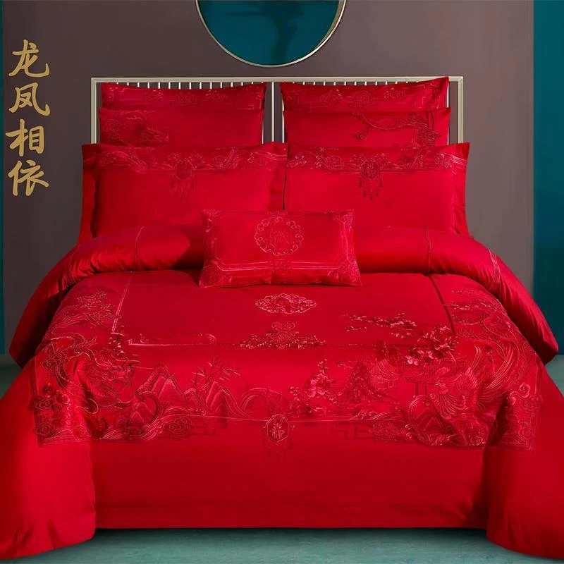 Chinese Wedding Red Bedding Set 6pcs Quilt Cover Flat Sheet 4 Pillow Shames Set - Image 4 of 4