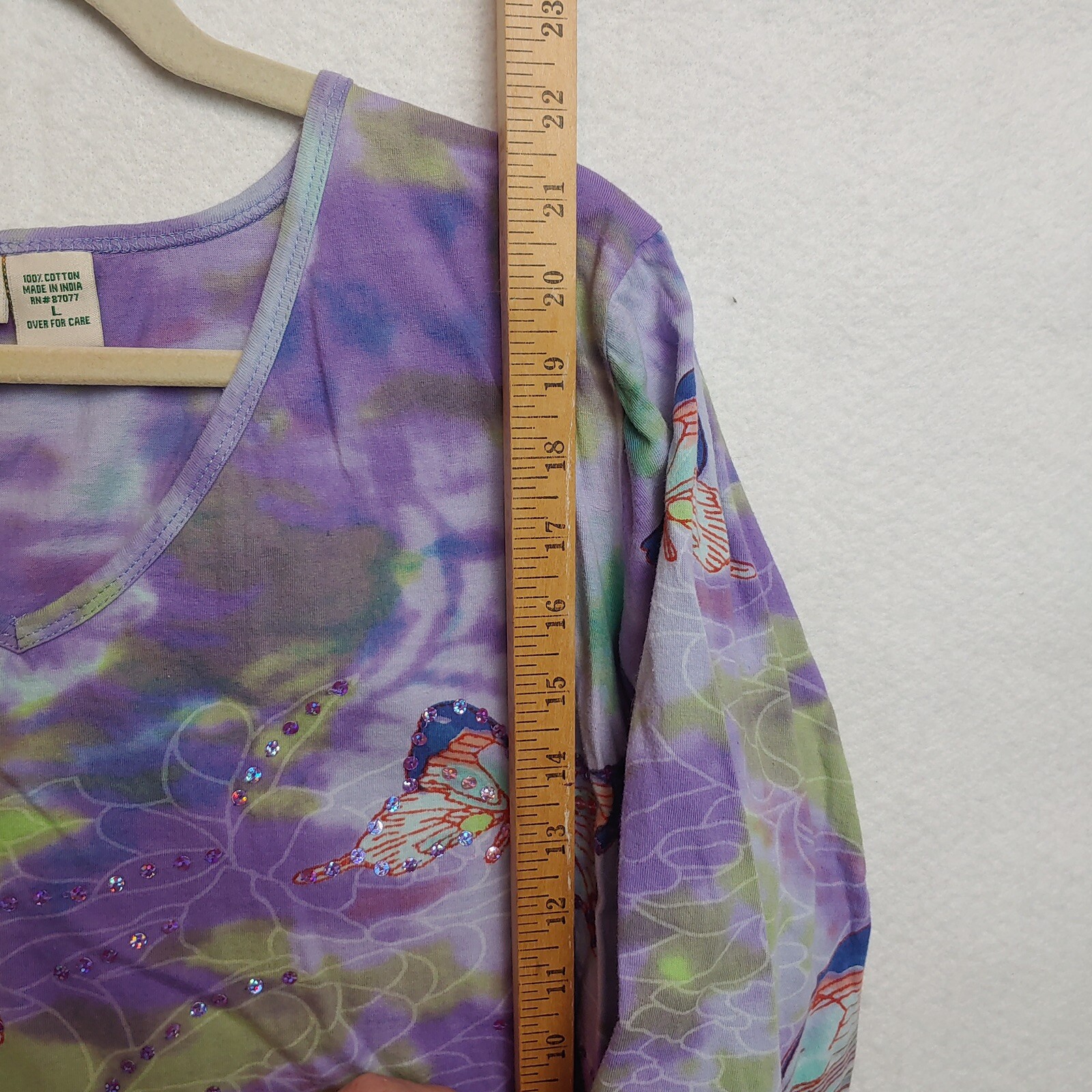 Collections Etc Shirt Woman’s Size Large Lavender Butterfly Print 3/4 Sleeve