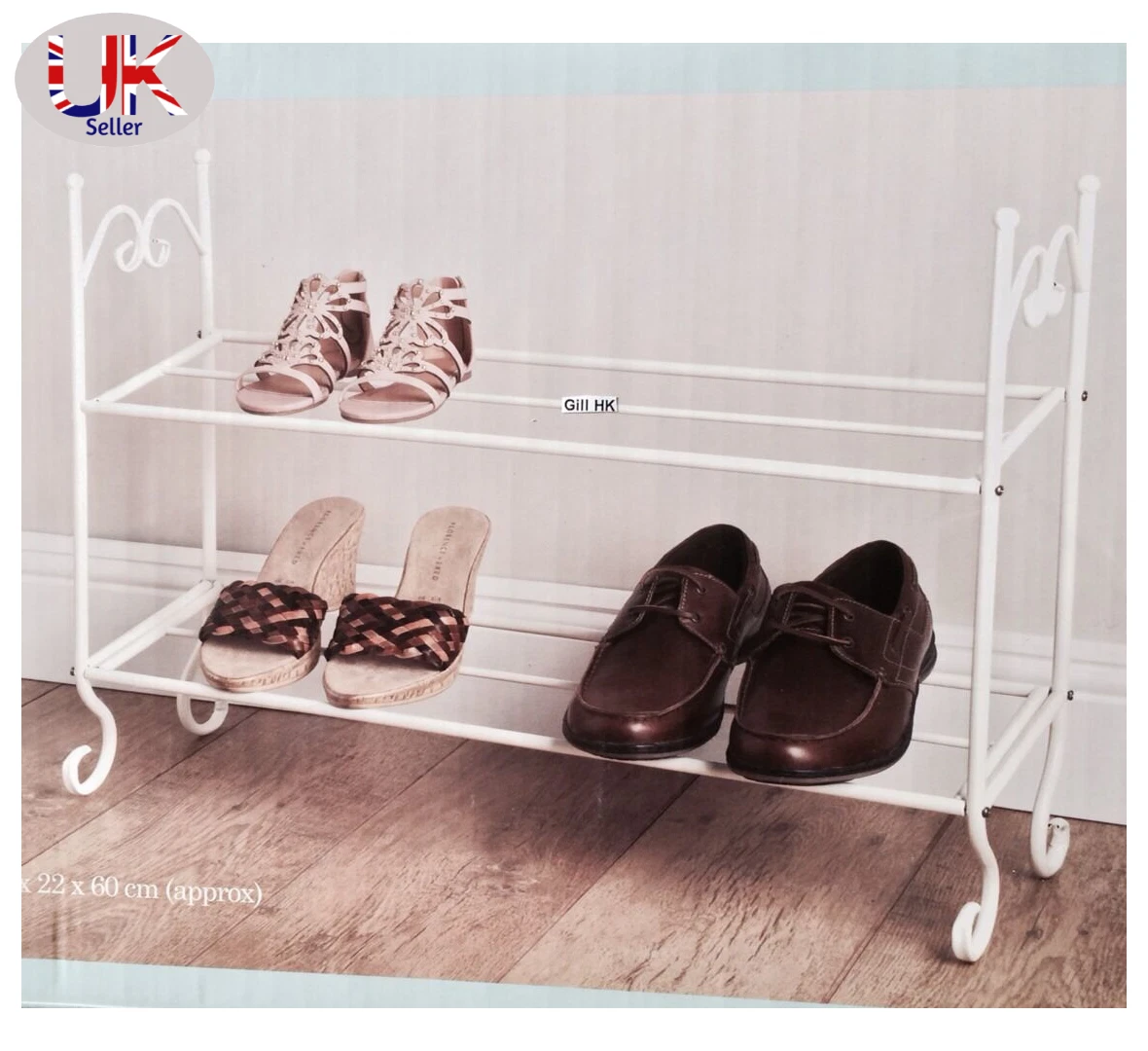 G 0082 Shabby Chic Vintage Style Cream 2 Tier Metal Shoe Rack Storage