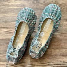 Storehouse Folding Travel Leather Flats in Green and Black Glen Plaid Size 11