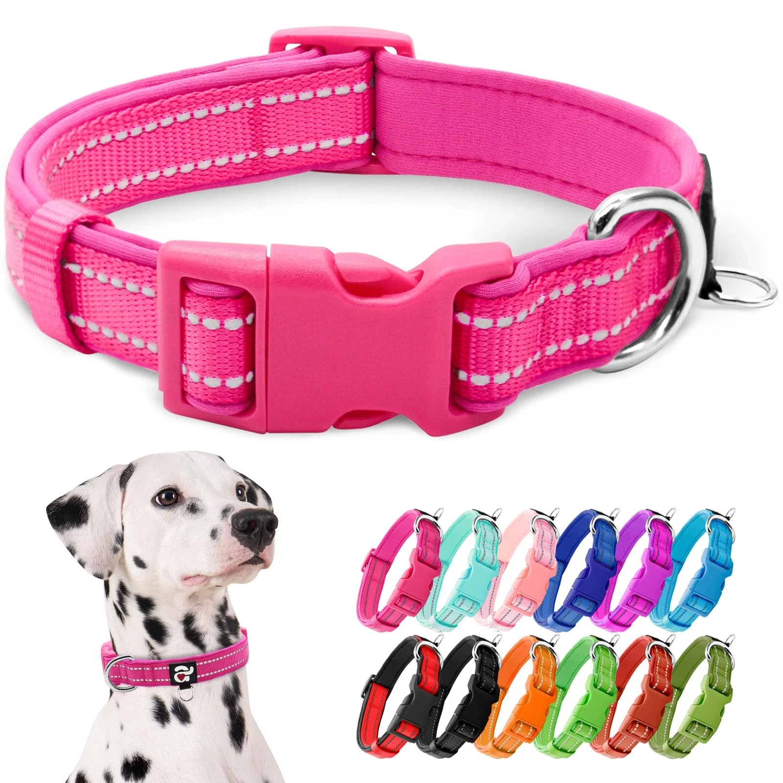 Reflective Dog Collar Soft Neoprene Padded Pet ID Tag Ring Adjustable Pink