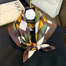 100  Pure Silk 21" square Scarf Women Neckerchief Wrap Brown Yellow Green Check