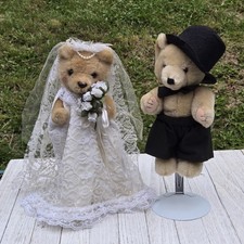 Vintage Bride and Groom Teddy Bears Jointed w/ Doll Stands Wedding Dress 1980s