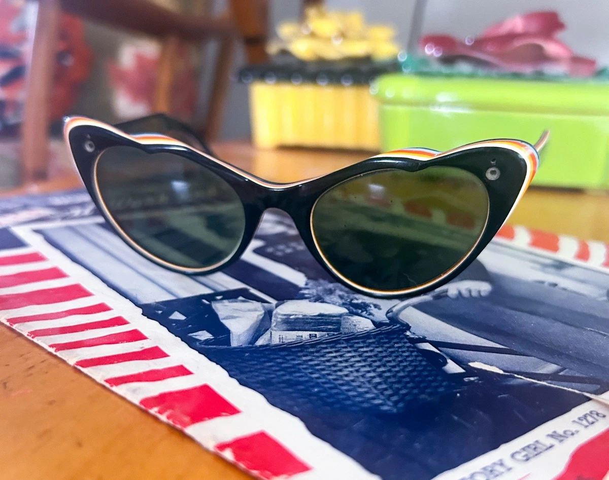 Vintage 1950s Frame France Rhinestone Cat Eye Sunglasses Black Rockabilly ?? French made 1950s glamorous rhinestone, silver stud  main image 3