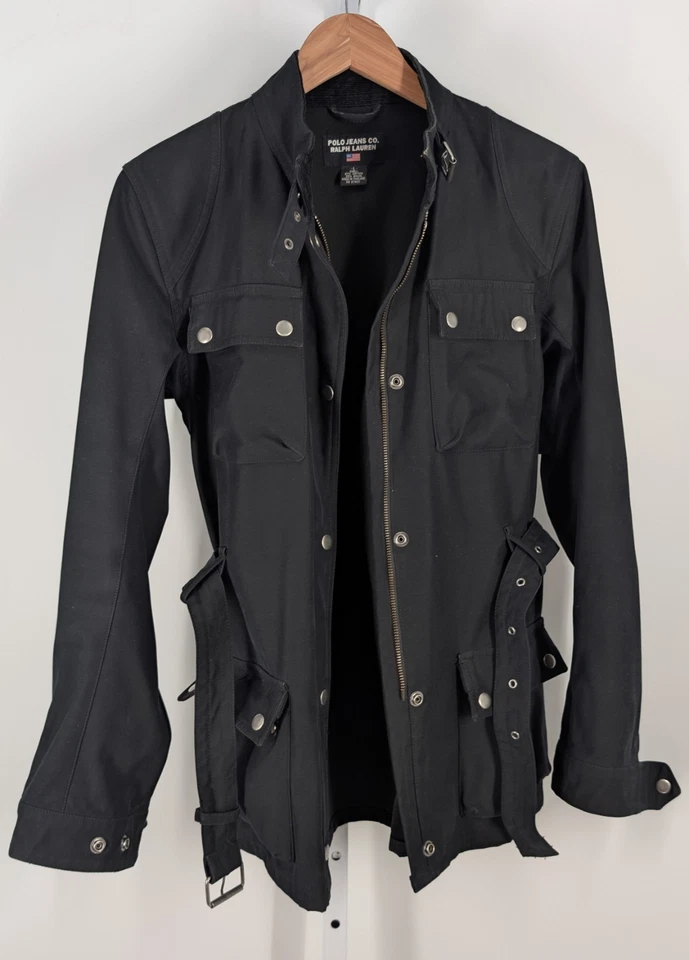 Chaqueta Polo Ralph Lauren Café Racer De Colección Y2K Cera Algodón Cinturón Negra Grande RRL  Foto 2 de 4