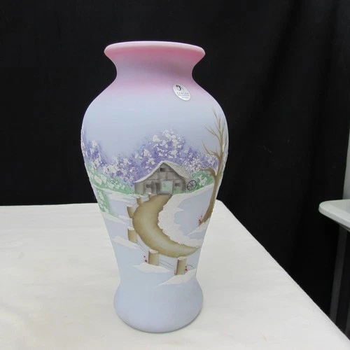 Fenton Blue Burmese Four Seasons Hand Painted Vase Special Order LE 2006 W1528