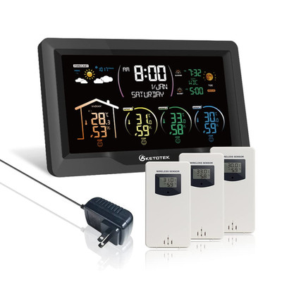 KETOTEK Wireless Radio Weather Station with 3 Outdoor Sensors Indoor Outdoor LCD