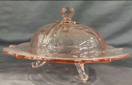 Pink Pressed Glass Recollection Pastel 2 Piece Butter Dish Domed Lid 3 Leg Base