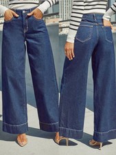 Women's Classic Blue High Rise Wide Leg Jeans - Stretch Jeans with Button Fly, S