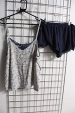 Primark Womens 2 Piece Lounge Pyjama Set - Navy White - Size Large L (C25)