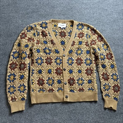 Corridor Crochet V-Neck Pima Cardigan Large Knit Sweater Yellow Granny Square