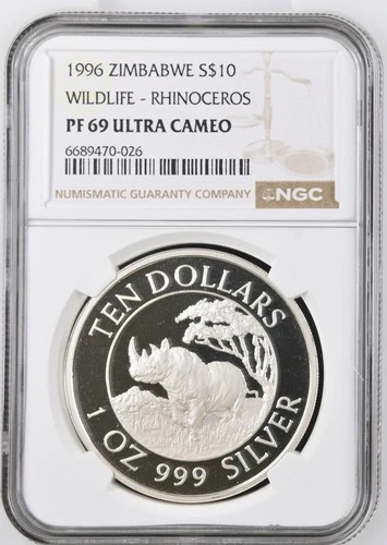 1996 Zimbabwe Silver 10 Dollars Rhinoceros Wildlife -NGC PF 69 Ultra Cameo