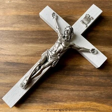 Wall Crucifix Wood White 8" Handmade USA Christ Decor Cross Crucifijo Catholic