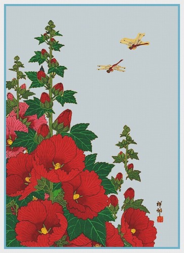 Hollyhock Flowers Dragonflies by Ohara Koson Shoson Counted Cross Stitch Pattern - 第 1/4 張圖片
