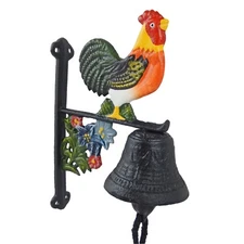 Small Cast Iron Metal Rooster Dinner Bell Hand Painted Flower Post or Wall Mount