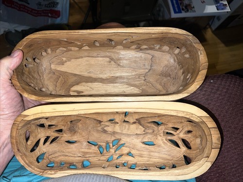 Vintage African Wood Hand Carved Animal Bread Basket Box Tiger Lion Elephant - Bild 10 von 19
