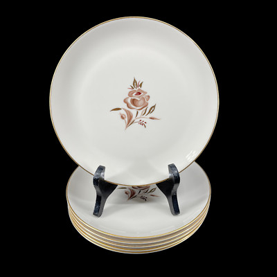 Set of 6 Pickard China 1101 Brown Rose 8'' Salad Plates Gold Leaves Trim Made USA