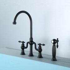 Black Matte Brass Bridge Faucet Kitchen with Lever Handles Brass Sprayer Tap