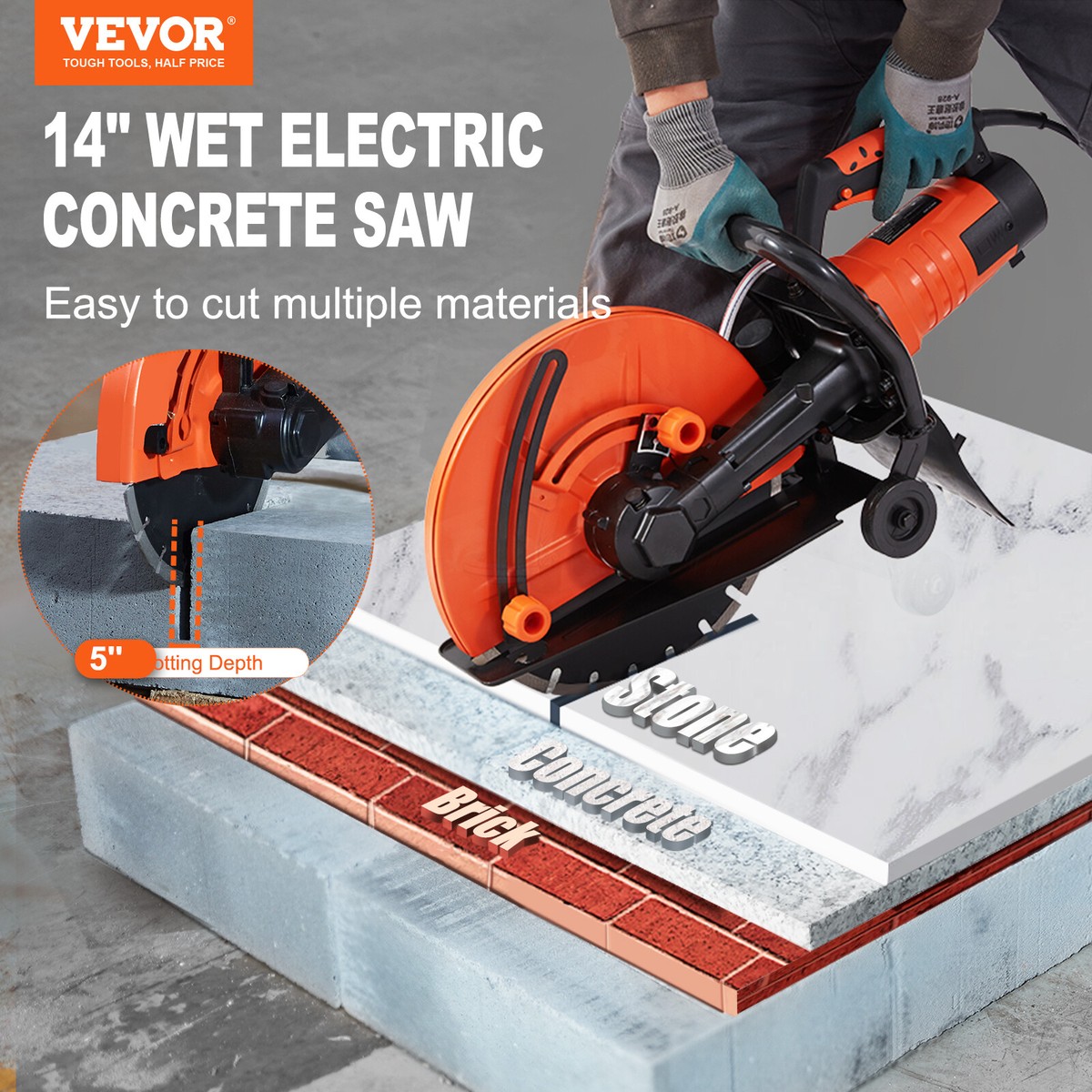 VEVOR 14 Portable Electric Concrete Saw with Water Pump and Blade Wet Dry