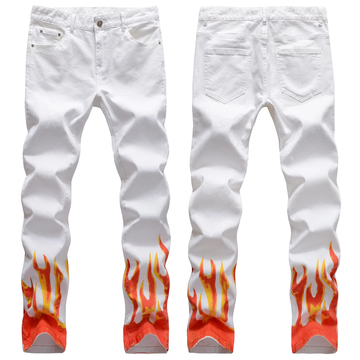 Men Summer White Flame Print Pants Straight Casual Trousers Skinny Denim Jeans