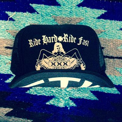 RIDE HARD RIDE FAST spread eagle pin up black biker trucker hat FTW  moto