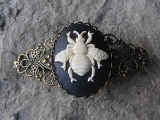 BEE CAMEO CREAM/BLACK BRONZE FILIGREE BARRETTE - VICTORIAN LOOK, WEDDING