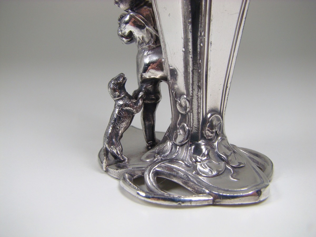 Louis Valtat、VASE、海外版超希少レゾネ、新品額付 Divine WMF Art Nouveau Figural Boy & Dachshunds Little Vase